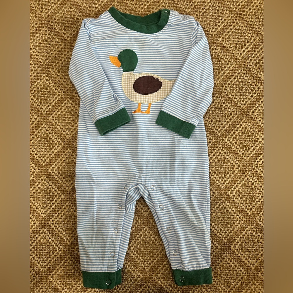 Jellybean Green and Blue Striped Romper with Duck Design